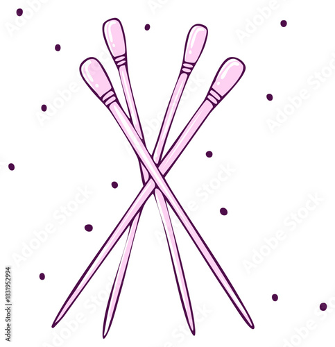 Pink cotton swabs crossed with purple dots, illustration for hygiene and health