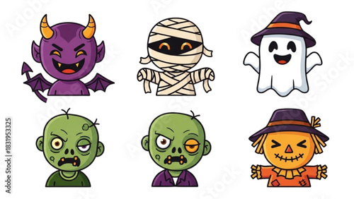 Halloween Characters Cartoon Set Devil, Mummy, Ghost, Zombie, Scarecrow