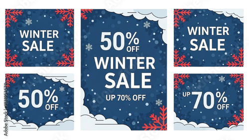 Festive winter holiday sale advertisement templates with snowflake patterns and discount offers