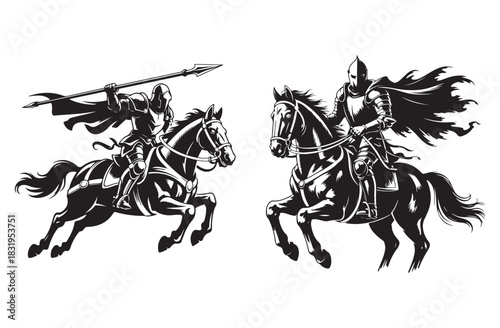 Medieval Knight Horseback Battle Illustration Vector Silhouette Art.