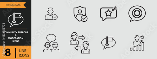 8 Community Support and Moderation Icons outline icon set. Outline community support icons for moderation and assistance