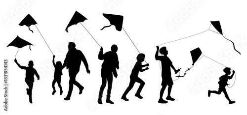 Kids Flying Kites Silhouette. Childhood Fun and Outdoor Activity Vector