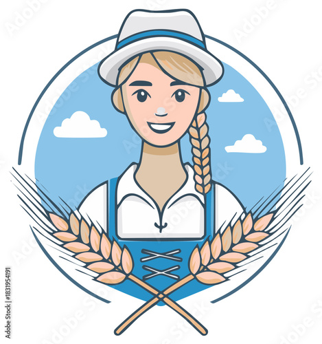 Cartoon illustration of a smiling Bavarian woman in a traditional dirndl and hat with wheat stalks