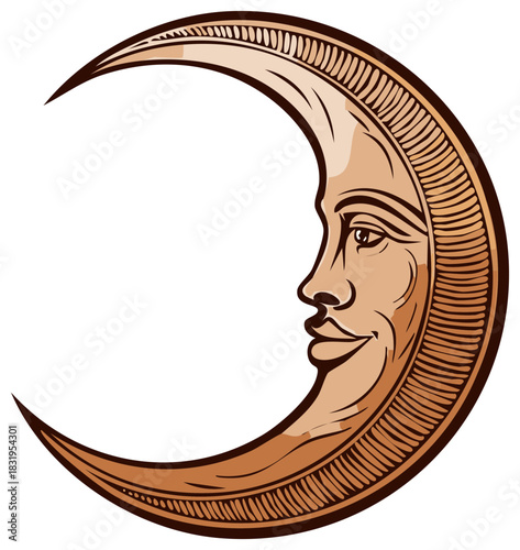 Crescent moon face with engraved details symbolizes folklore or dreamlike art with celestial and artistic feel providing a magical, vintage design element