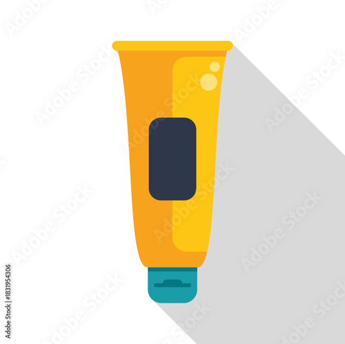 Yellow sun lotion tube with a blue cap in a flat design style
