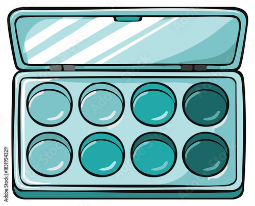 Illustration of teal makeup palette with various shades and an open lid displaying mirror, cosmetic tools for women concept