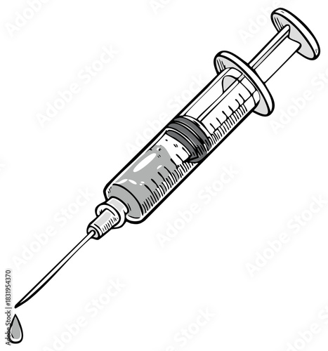 Medical syringe with a needle and a drop of liquid hand drawn sketch illustration