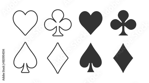 Card suits icon set. Hearts, clubs, diamonds, spades. Poker, gambling, casino card symbol