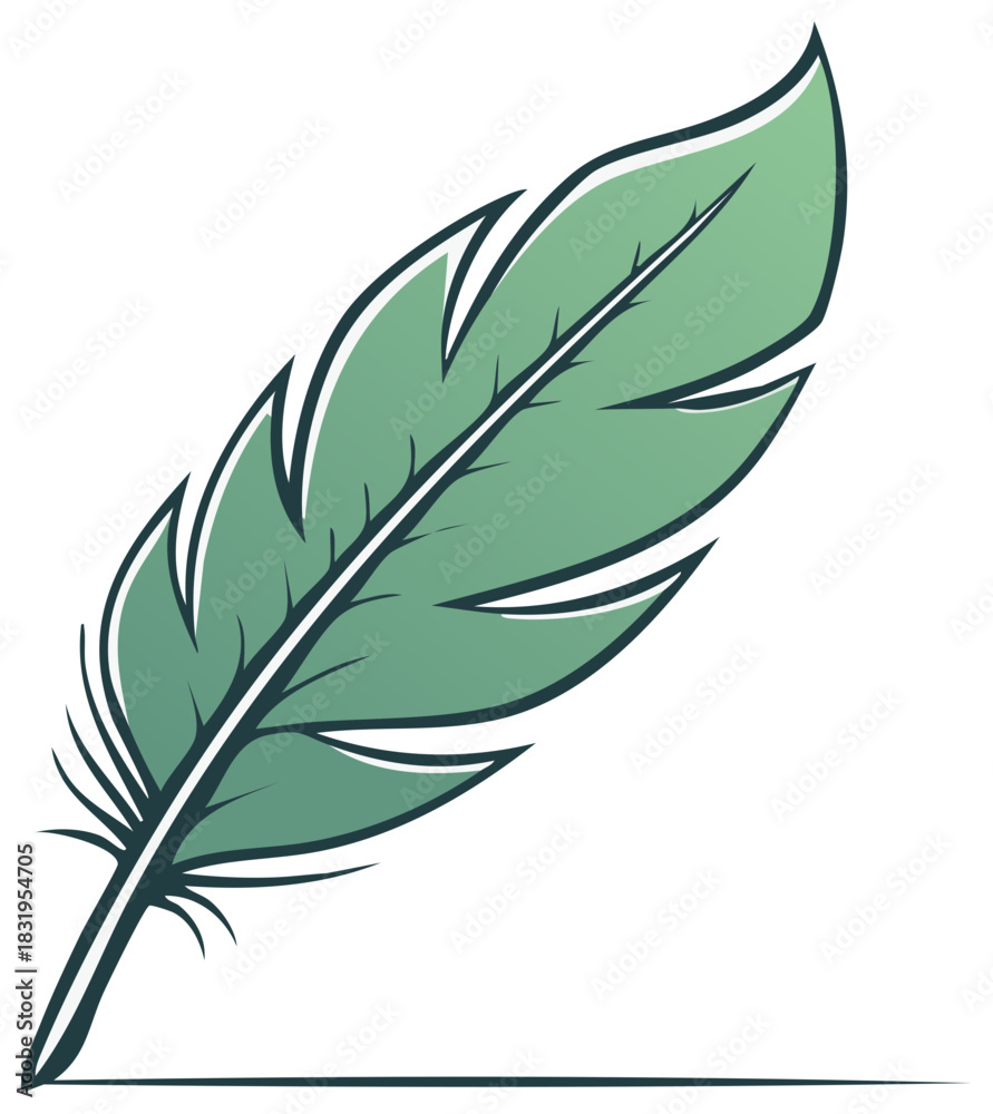 Fototapeta premium Elegant Light Green Feather Illustration with Dark Outline for Graphic Design and Decorative Elements