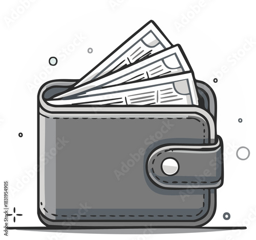 Grayscale cartoon wallet overflowing with bank notes, illustrating wealth, finance, and savings concept.