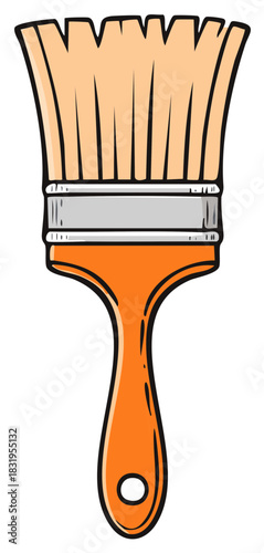 Cartoon illustration of a paint brush with orange handle and beige bristles