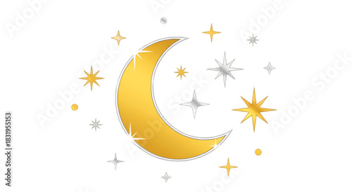 Golden crescent moon surrounded by sparkling silver and gold stars on a white background