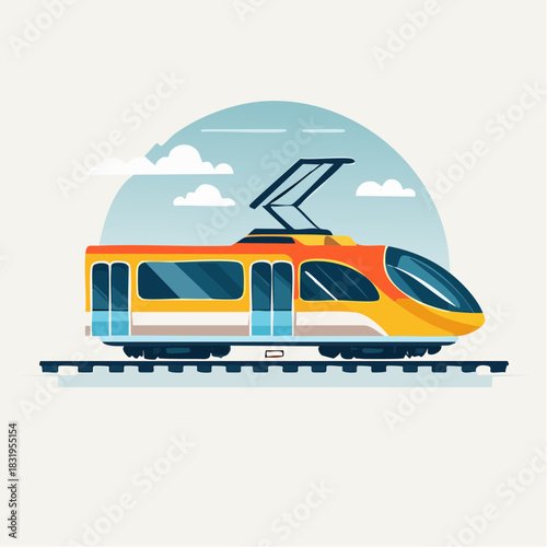 Modern Electric Train Traveling on Tracks Under a Cloudy Sky With Vibrant Orange and Yellow Colors