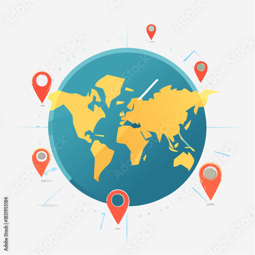 Global Navigation With Location Pins Around The World Map Showing Continents In Blue And Yellow With Radial Lines And Pointer Icons