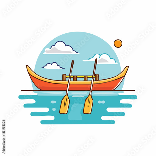 Orange Rowboat With Two Oars On Rippling Blue Water Under A Cloudy Sky With A Bright Orange Sun In The Distance