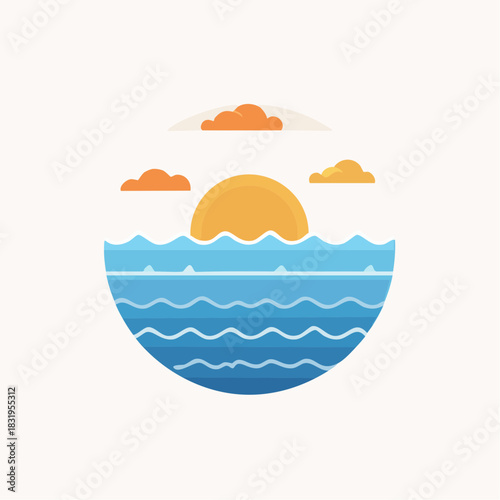 Golden Sun Setting Over Wavy Blue Ocean with Orange Clouds in a Circular Frame Illustration