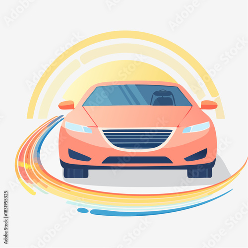Orange Sedan Car With Rainbow Swirls And Yellow Arc Background On White