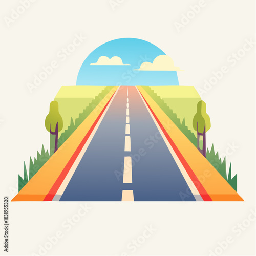 Endless Open Road Leading Towards a Bright Horizon Under a Sunny Sky with Fluffy Clouds and Lush Green Fields Lined with Trees and Grass
