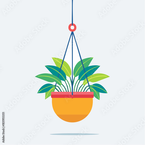 Vibrant Green Potted Plant in a Bright Orange Hanging Pot With Blue Ropes Against a Clean White Background