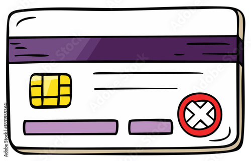 Back view of a cartoon bank card showing a magnetic strip, signature panel, and an error symbol