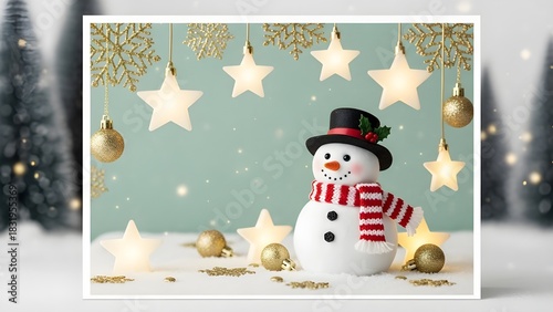 Whimsical Christmas scene with a smiling snowman, festive ornaments, and glowing stars, perfect for holiday greetings and winter celebrations
