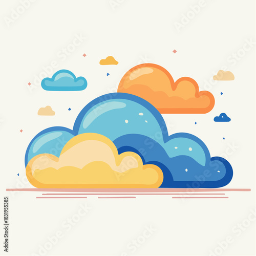 Pixel Art Sky with Fluffy Clouds in Shades of Blue Orange and Yellow Against a Light Cream Background