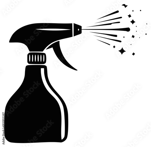 Black spray bottle with mist and sparkles representing cleaning and disinfection