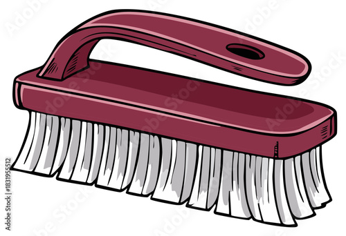 Detailed Illustration of a Stiff Bristled Scrub Brush with Ergonomic Handle in Burgundy Hues for Cleaning Purposes