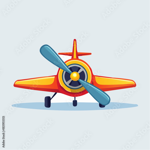 Retro Red Yellow Biplane Aircraft Front View With Large Blue Propeller Flying Over Blue Ground And Light Blue Sky