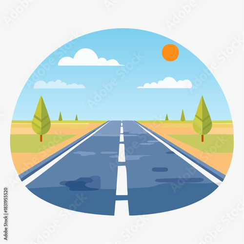 Open Road Journey Under A Sunny Sky With Green Trees And White Clouds In A Rural Landscape With Paved Asphalt And White Lane Markings