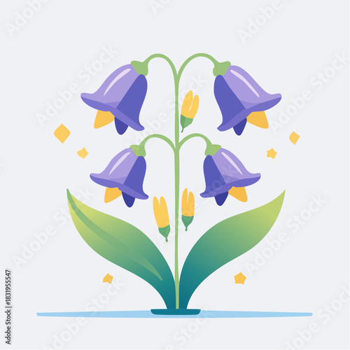 Stylized Bluebell Flower With Purple Blooms Yellow Centers Green Leaves And Subtle Sparkles On Light Gray Background