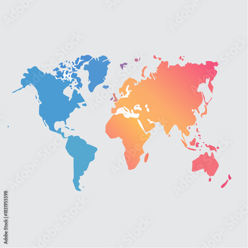 Colorful World Map With Gradient Colors Showing Continents And Oceans With A Subtle Light Gray Background And No Text Or Logos