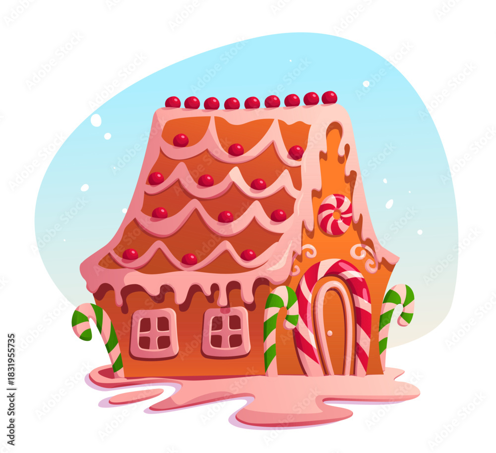 Naklejka premium Gingerbread House with Candy Cane. Traditional Christmas Cookie Decorated with White Icing and Caramel. Cartoon Vector Illustration.