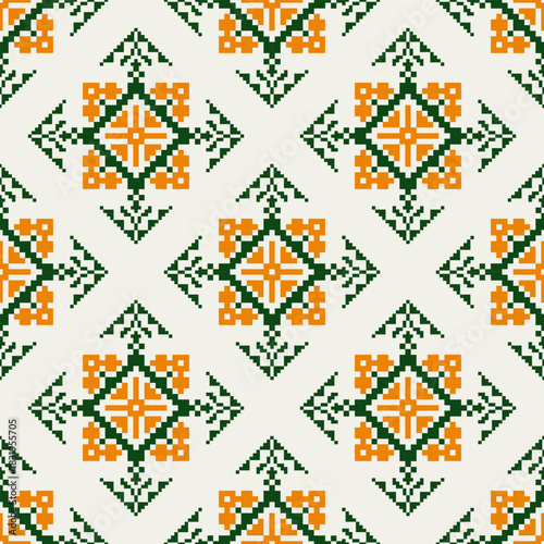 Seamless geometric pattern . pixel pattern. Design for clothing fabric textile ornamentation embroidery Hand stitched pattern . cultural stitching pixel art , Cross stitch pattern