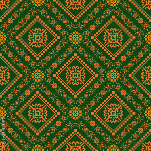 Seamless geometric pattern . pixel pattern. Design for clothing fabric textile ornamentation embroidery Hand stitched pattern . cultural stitching pixel art , Cross stitch pattern