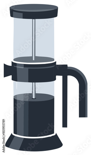 Stylish French press coffee maker illustration. Modern kitchen equipment for brewing fresh hot drinks.