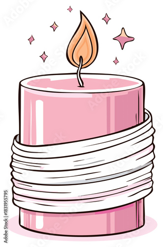 Pink candle with a white ribbon and sparkling stars illustration