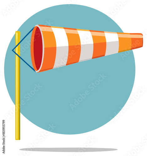 Wind sock indicator with striped design on a light blue circle background.