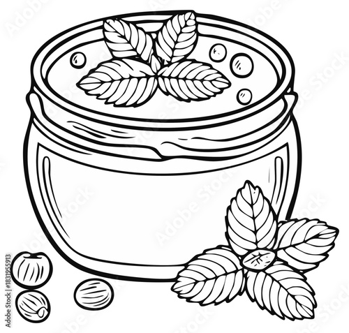 Outline illustration of a jar with herbs and seeds, perfect for a coloring page