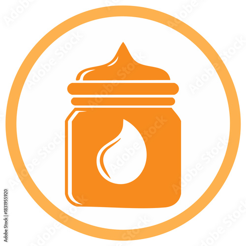 Jar of whipped cream or frosting with a drop icon inside a circle