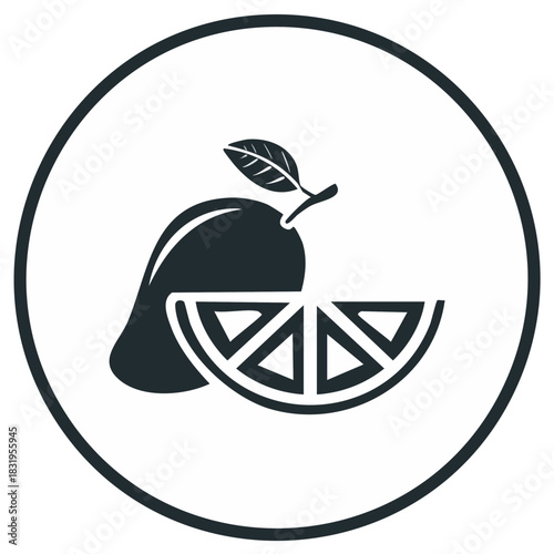 Graphic icon featuring a healthy tropical mango fruit and fresh citrus slice element inside a clean circle