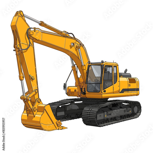 Yellow excavator on tracks with a large bucket.