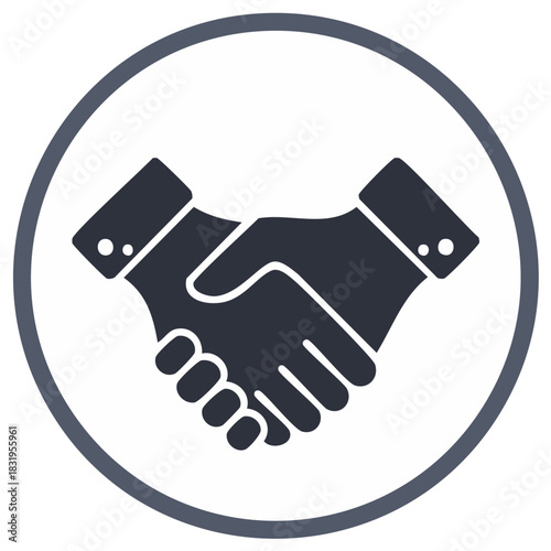 Icon depicting a handshake inside a circle, representing partnership and agreement.