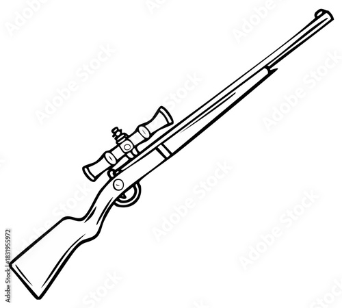 Vector icon of a classic hunting rifle with an attached scope in a bold black and white outline style