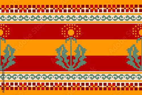 Seamless geometric pattern . pixel pattern. Design for clothing fabric textile ornamentation embroidery Hand stitched pattern . cultural stitching pixel art , Cross stitch pattern