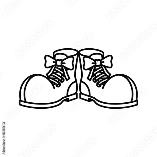 Cartoon line art of classic oversized clown shoes with tied bows