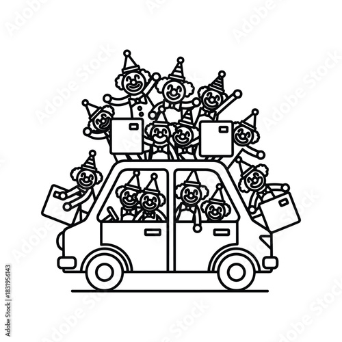 Clowns in party hats riding overloaded car with boxes line art