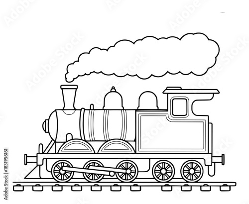 Black and White Illustration of a Steam Locomotive on Tracks