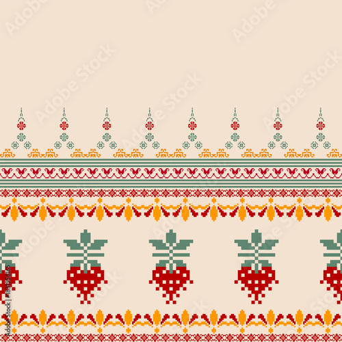 Seamless geometric pattern . pixel pattern. Design for clothing fabric textile ornamentation embroidery Hand stitched pattern . cultural stitching pixel art , Cross stitch pattern