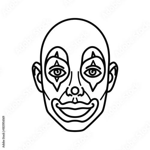 Minimalist clown face line art symbol with theatrical expression
